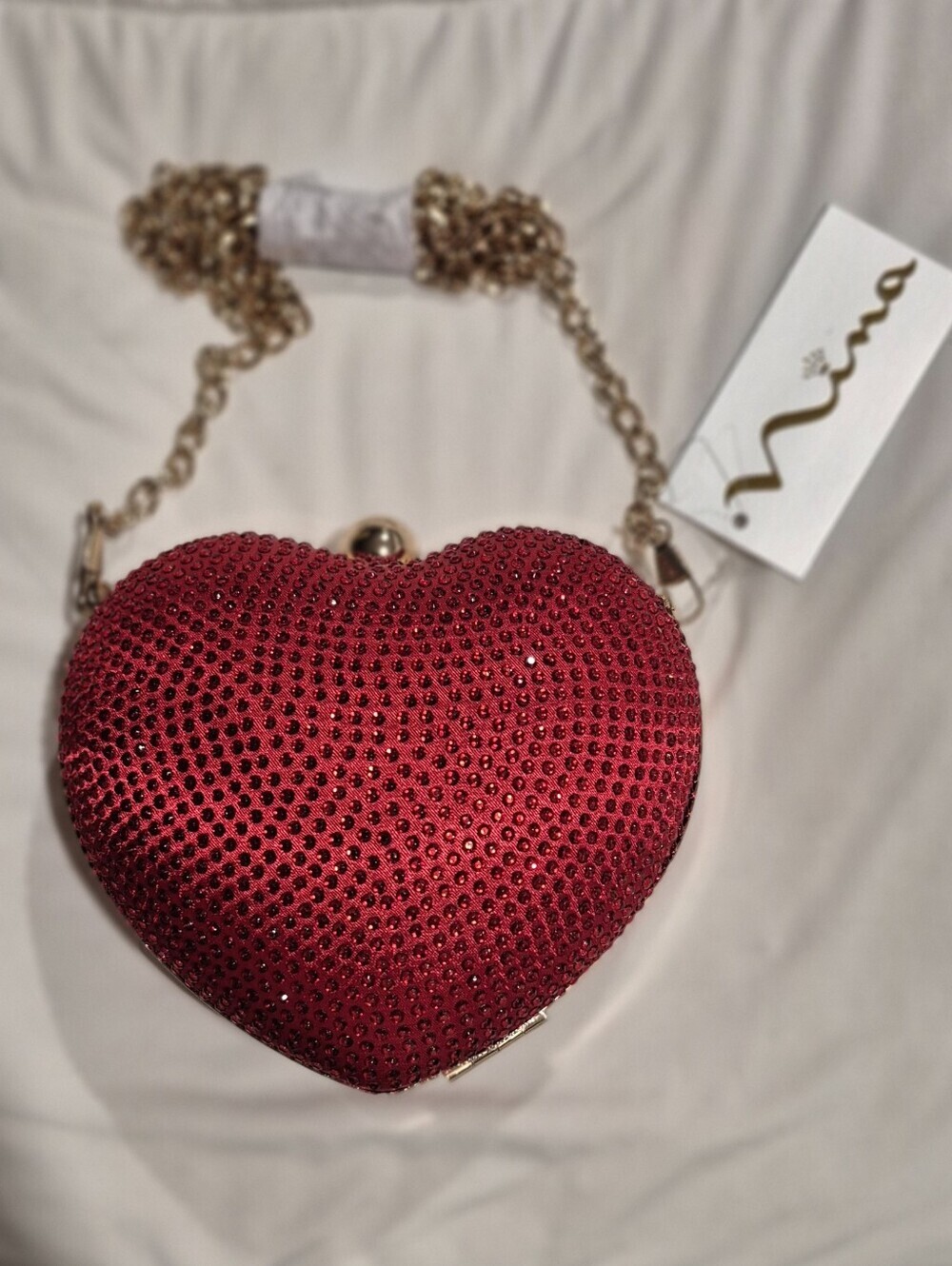Nina Red Heart Crystal Mini Bag with Gold Chain